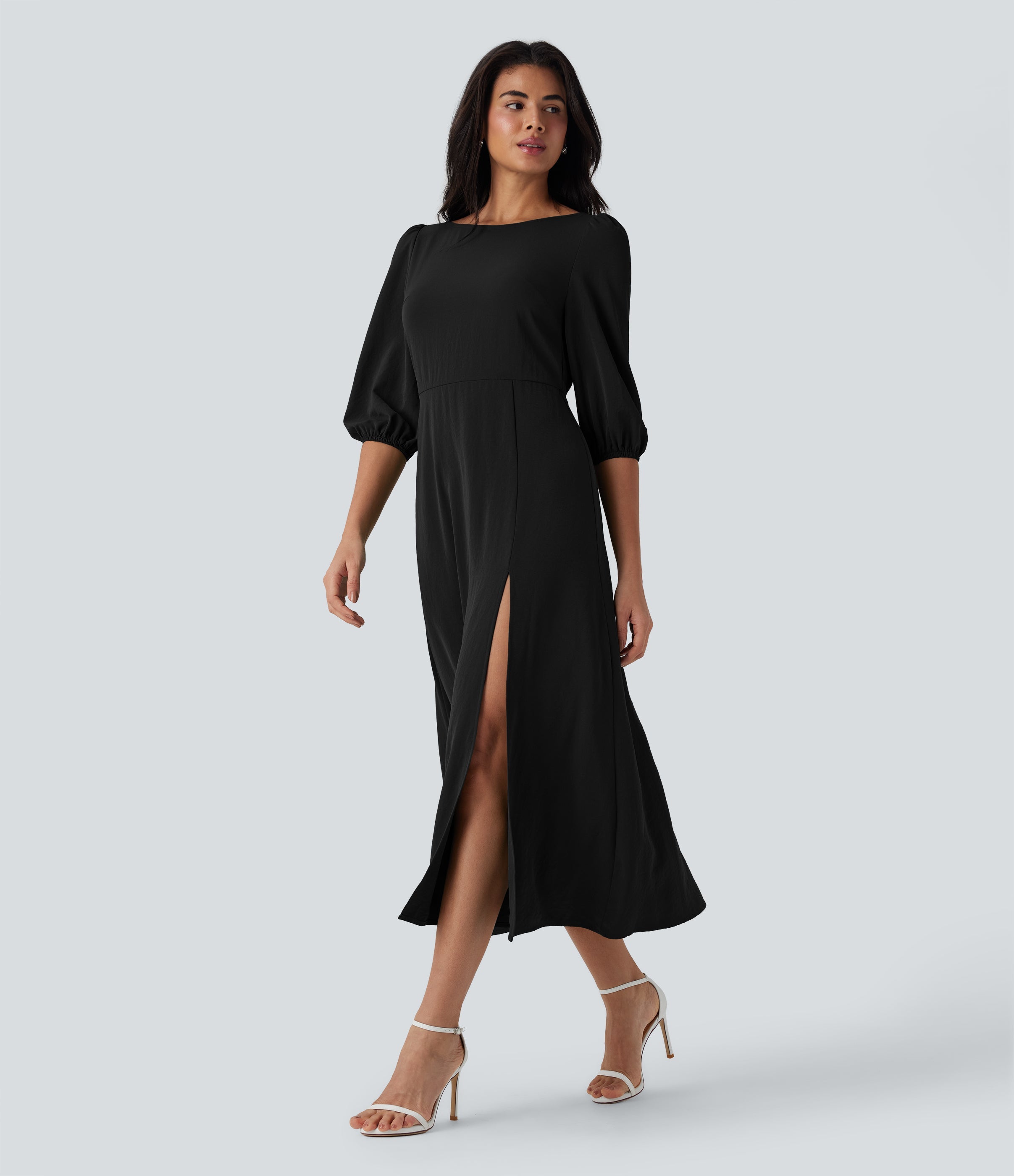 Tie Back Zipper Puff Sleeve Dress