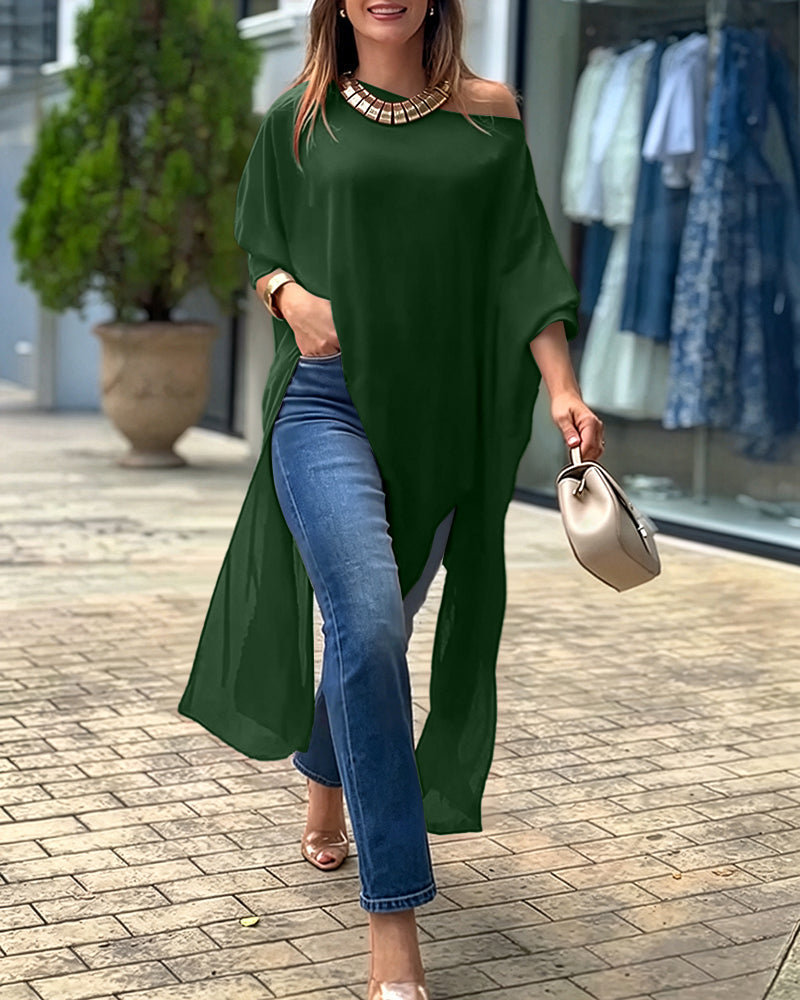 Women's Skew Neck Batwing Sleeve Tee Asymmetric Loose Cape Blouse Slit Elegant Top
