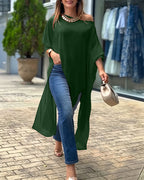 Women's Skew Neck Batwing Sleeve Tee Asymmetric Loose Cape Blouse Slit Elegant Top