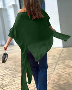 Women's Skew Neck Batwing Sleeve Tee Asymmetric Loose Cape Blouse Slit Elegant Top
