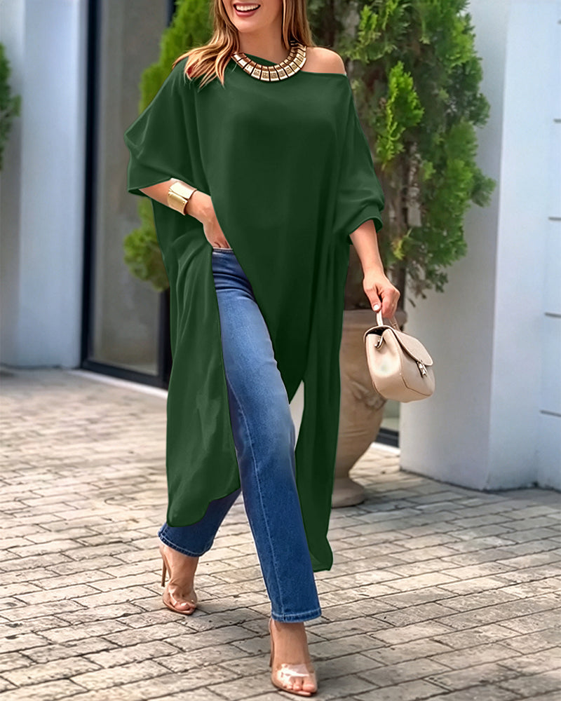 Women's Skew Neck Batwing Sleeve Tee Asymmetric Loose Cape Blouse Slit Elegant Top