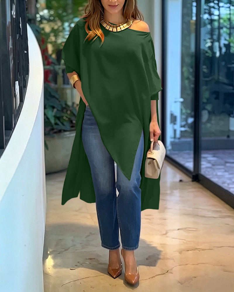 Women's Skew Neck Batwing Sleeve Tee Asymmetric Loose Cape Blouse Slit Elegant Top