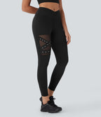 High Waisted Crossover Contrast Mesh Studded Yoga Leggings with Pocket