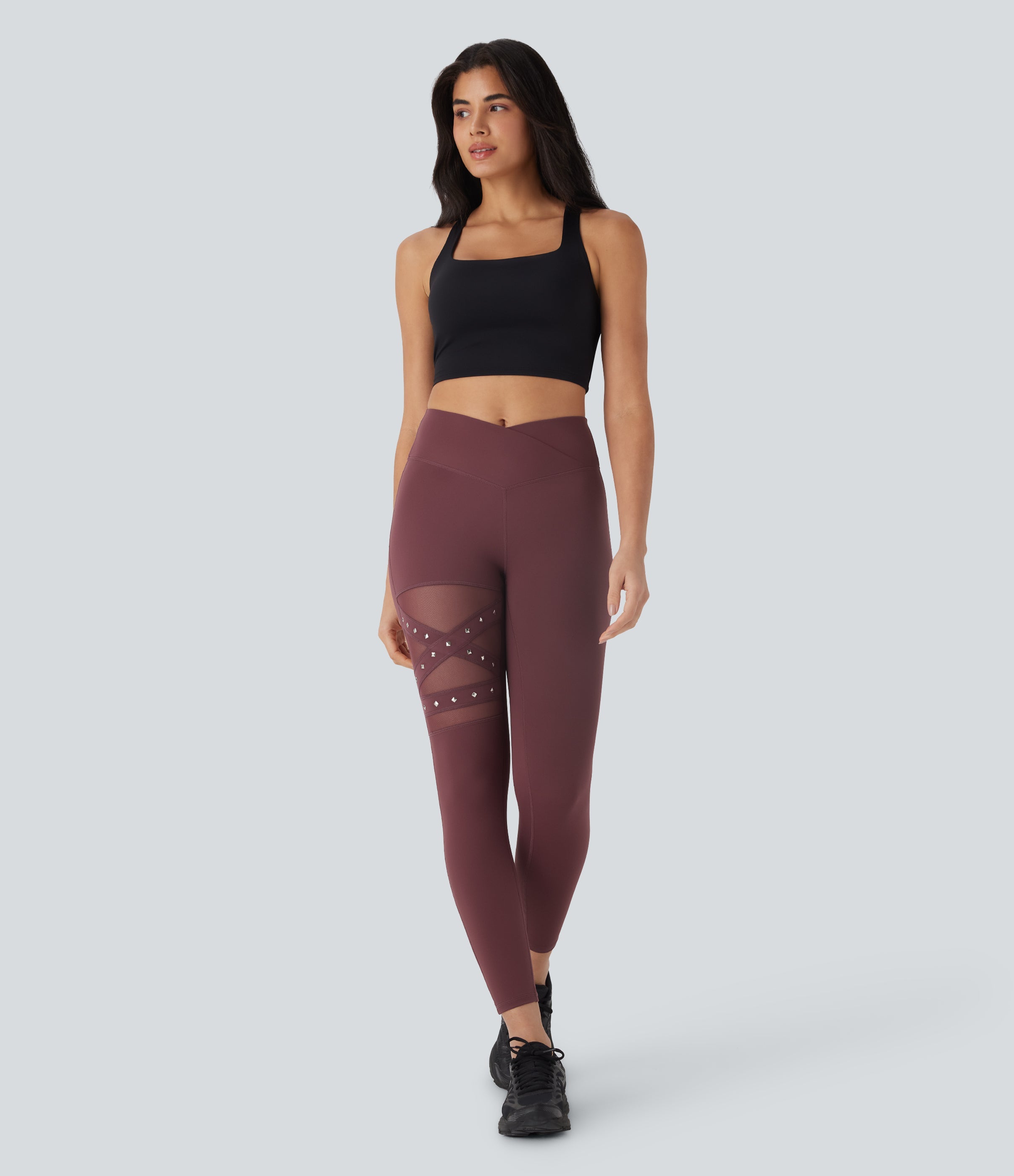 High Waisted Crossover Contrast Mesh Studded Yoga Leggings with Pocket