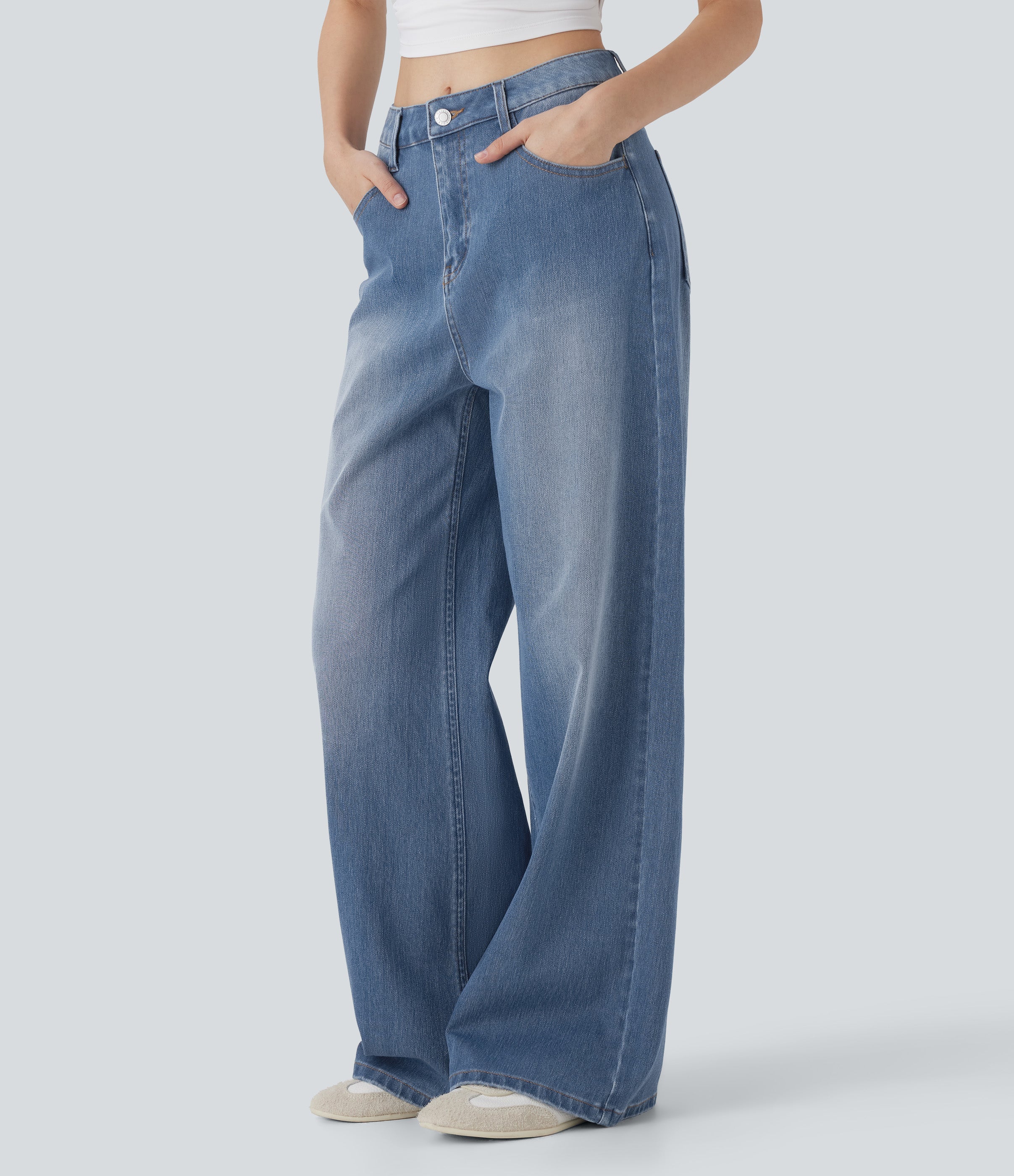 FlexTM Mid Rise Washed Casual Baggy Jeans with Pockets