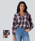 V Neck Curved Hem Plaid Casual Blouse