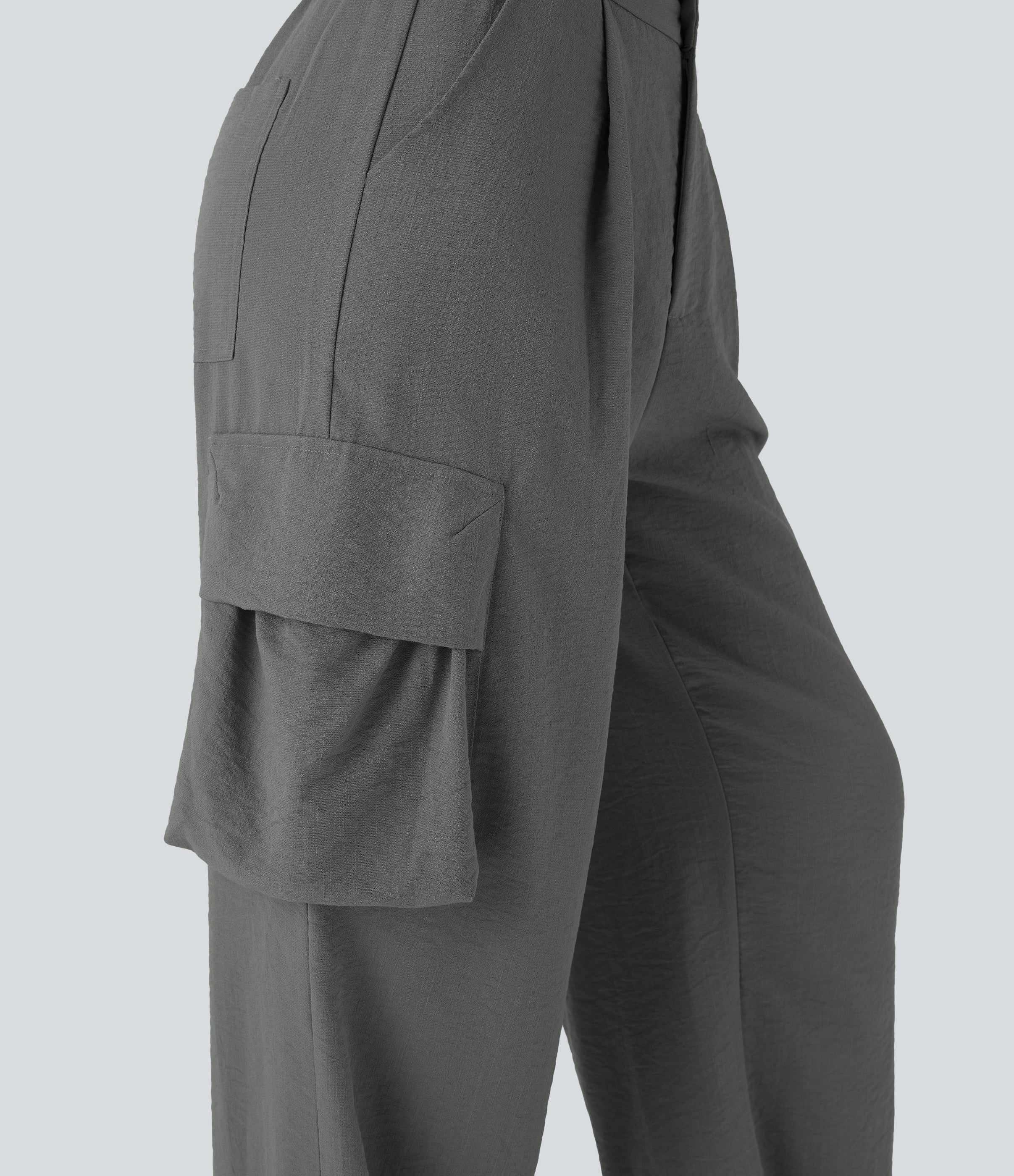 High Waisted Adjustable Drawstring Hem Linen-Feel Casual Cargo Pants with Pockets