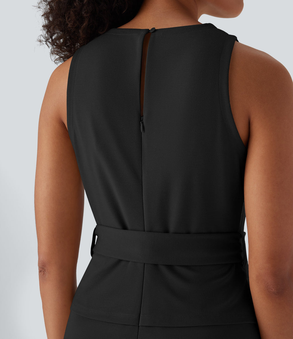 Sleeveless Keyhole-Back Belted Midi Work Dress