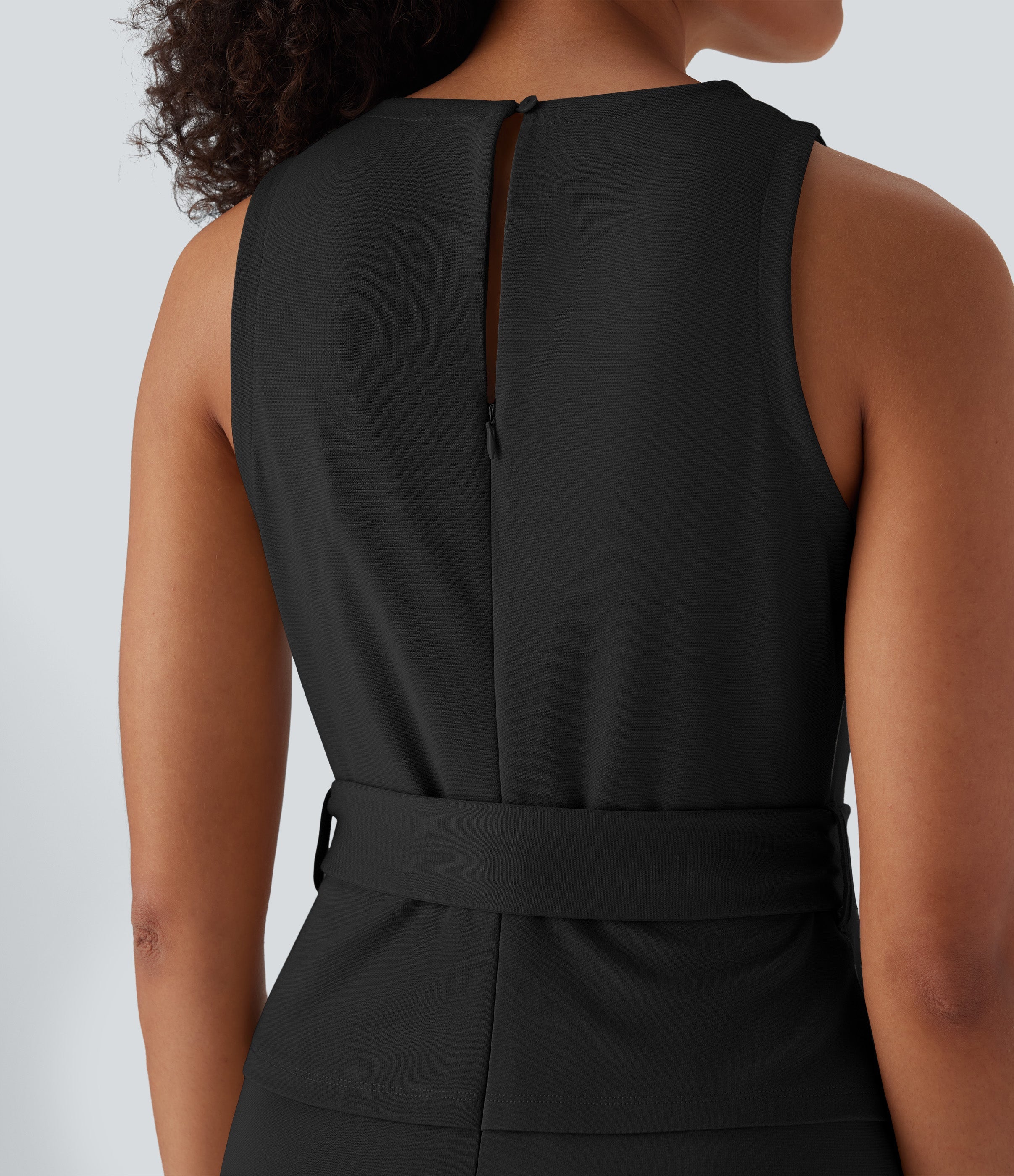 Sleeveless Keyhole-Back Belted Midi Work Dress
