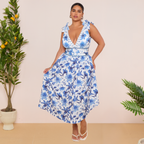 V Neck Lace Up Boho Breeze Blue Floral Swimsuit&Skirt