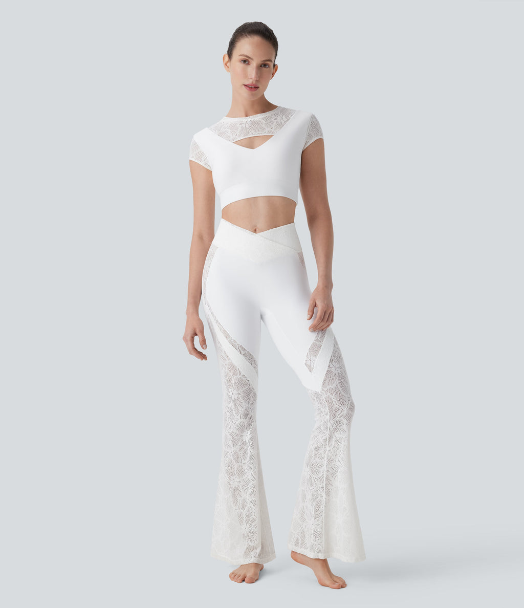 SoftlyZeroTM Contrast Lace Short Sleeve Cropped Yoga Sports Top-UPF50+
