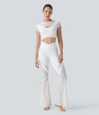 SoftlyZeroTM Contrast Lace Short Sleeve Cropped Yoga Sports Top-UPF50+