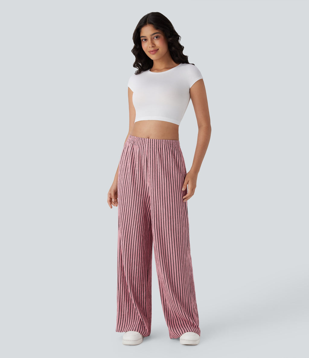 High Waisted Straight Leg Crinkle Casual Pants with Pockets