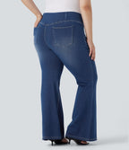 Plus Size FlexTM High Waisted Crossover Washed Casual Flare Jeans with Pockets