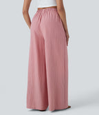 High Waisted Stripe Wide Leg Linen-Feel Pants with Pockets