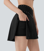 SoftlyZeroTM QuickDry High Waisted Studded Crossover 2-in-1 Mini Pickleball Skirt with Pockets