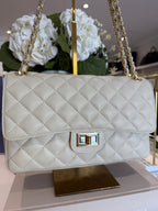 Large Genuine Leather Quilted Turn Lock Chain Handle Handbag (8 Colours)