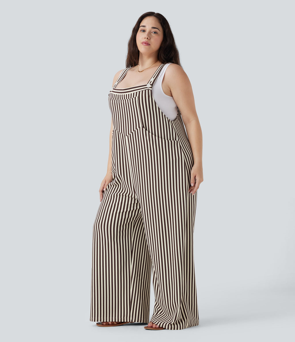 Plus Size Stripe Waffle Overalls with Pockets