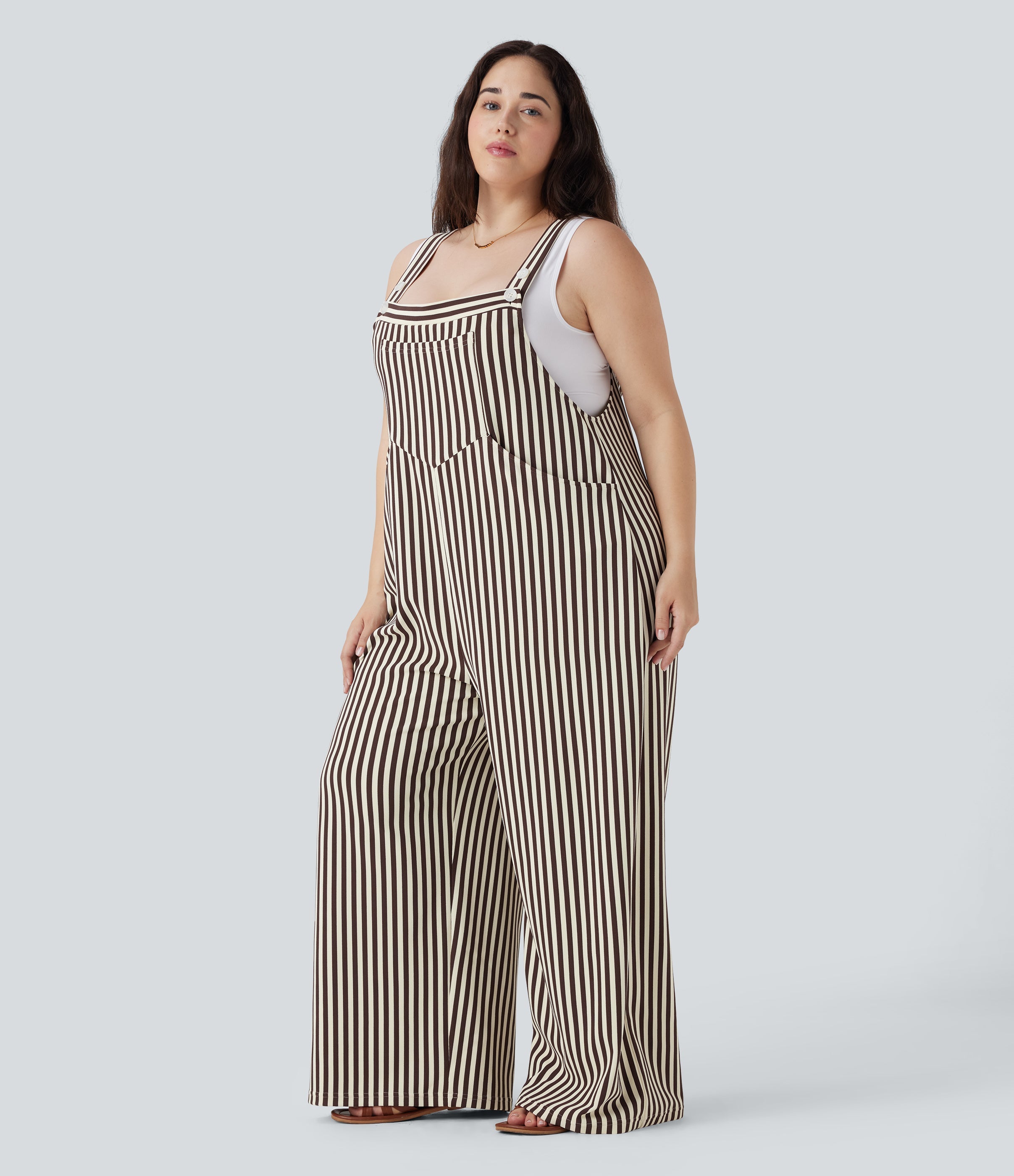 Plus Size Stripe Waffle Overalls with Pockets