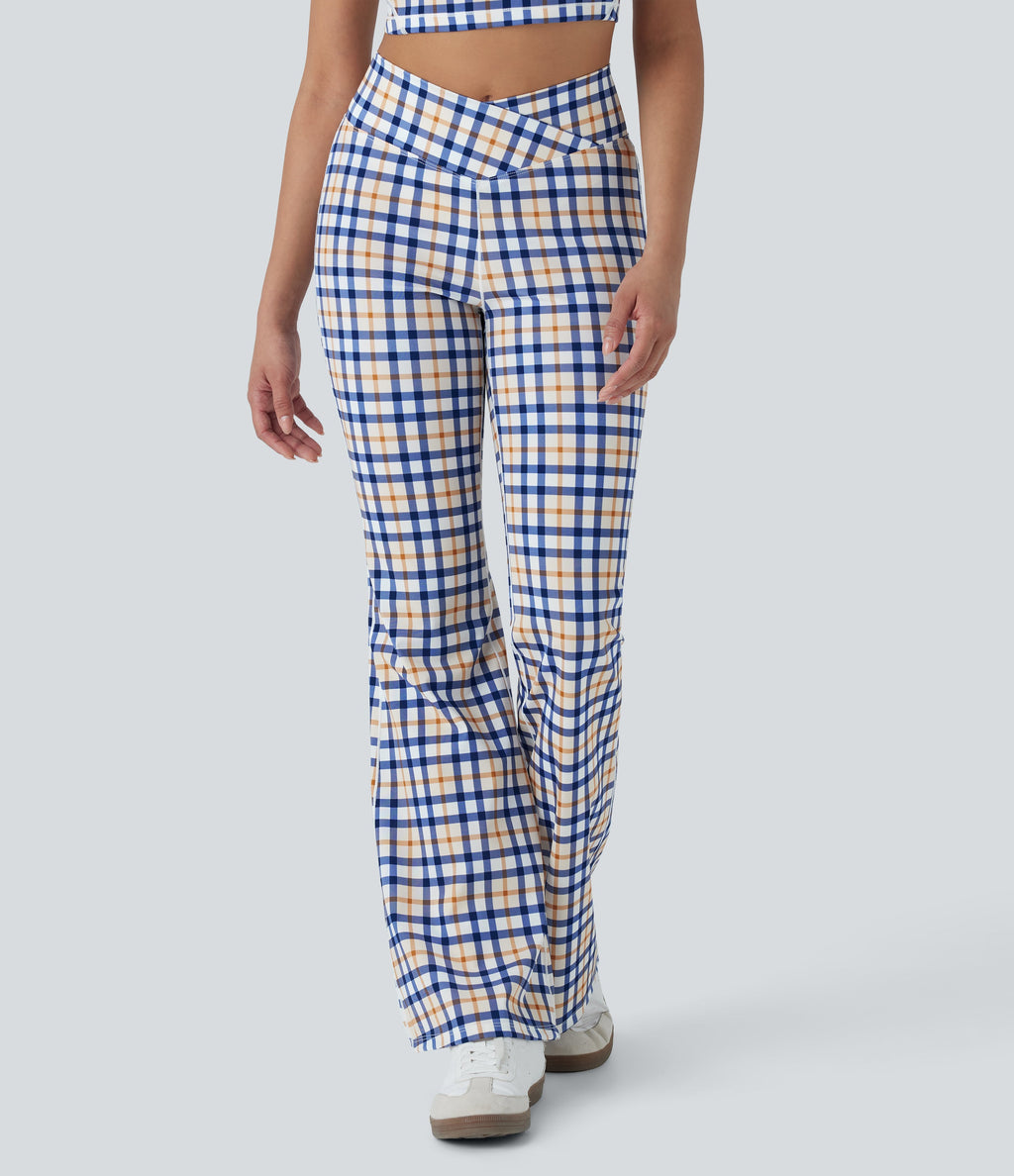 Crossover High Waisted Plaid Cool Touch Yoga Flare Leggings with Pocket