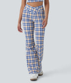 Crossover High Waisted Plaid Cool Touch Yoga Flare Leggings with Pocket