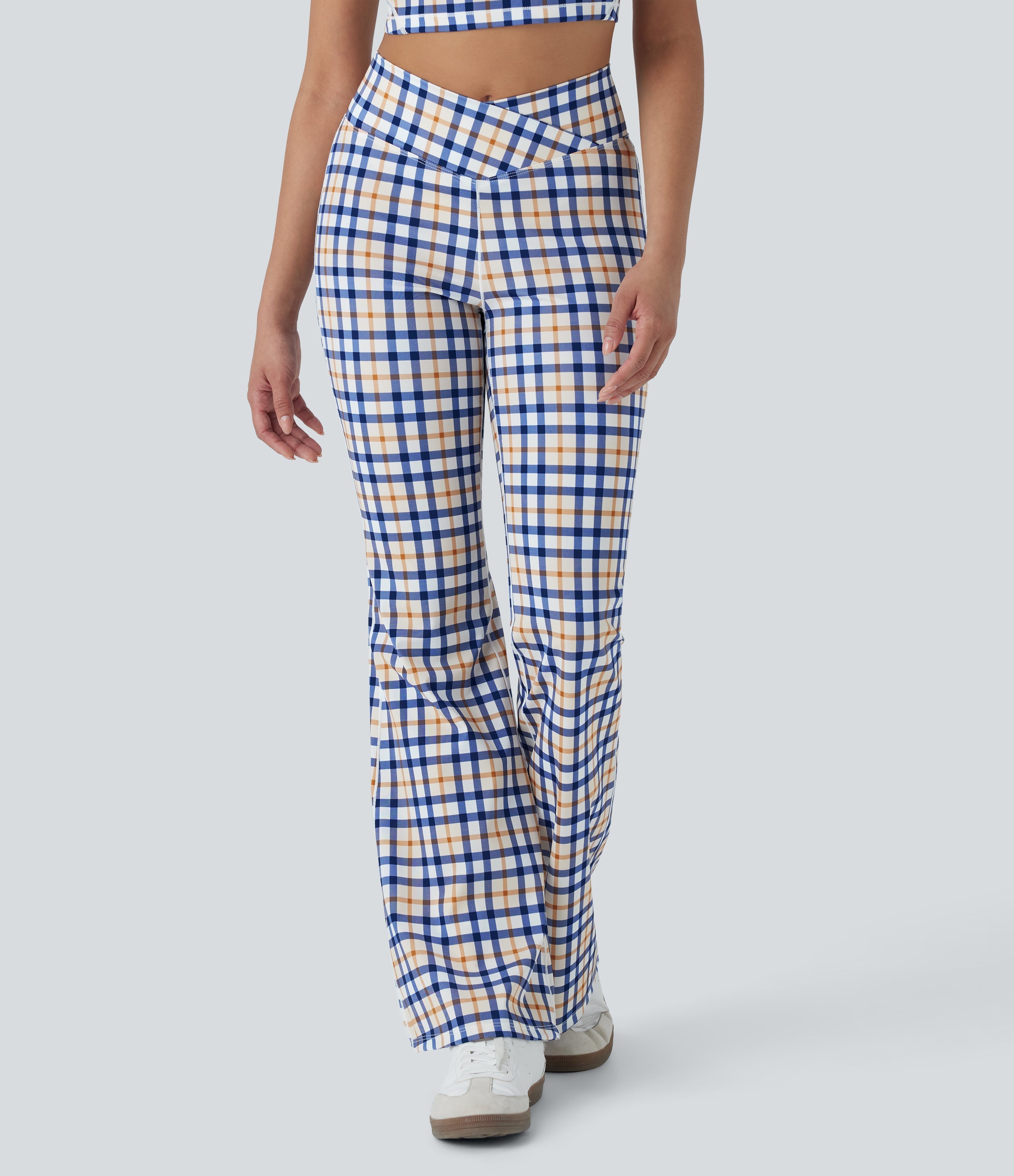 Crossover High Waisted Plaid Cool Touch Yoga Flare Leggings with Pocket