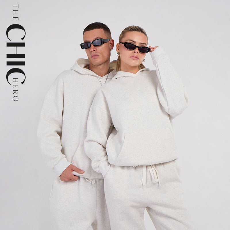 Unisex White Minimalist Fleece Hoodie & Jogger Set Neutral Lounge Set