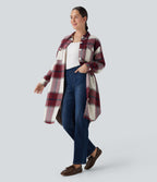 Plaid Curved Hem Longline Casual Jacket with Pockets