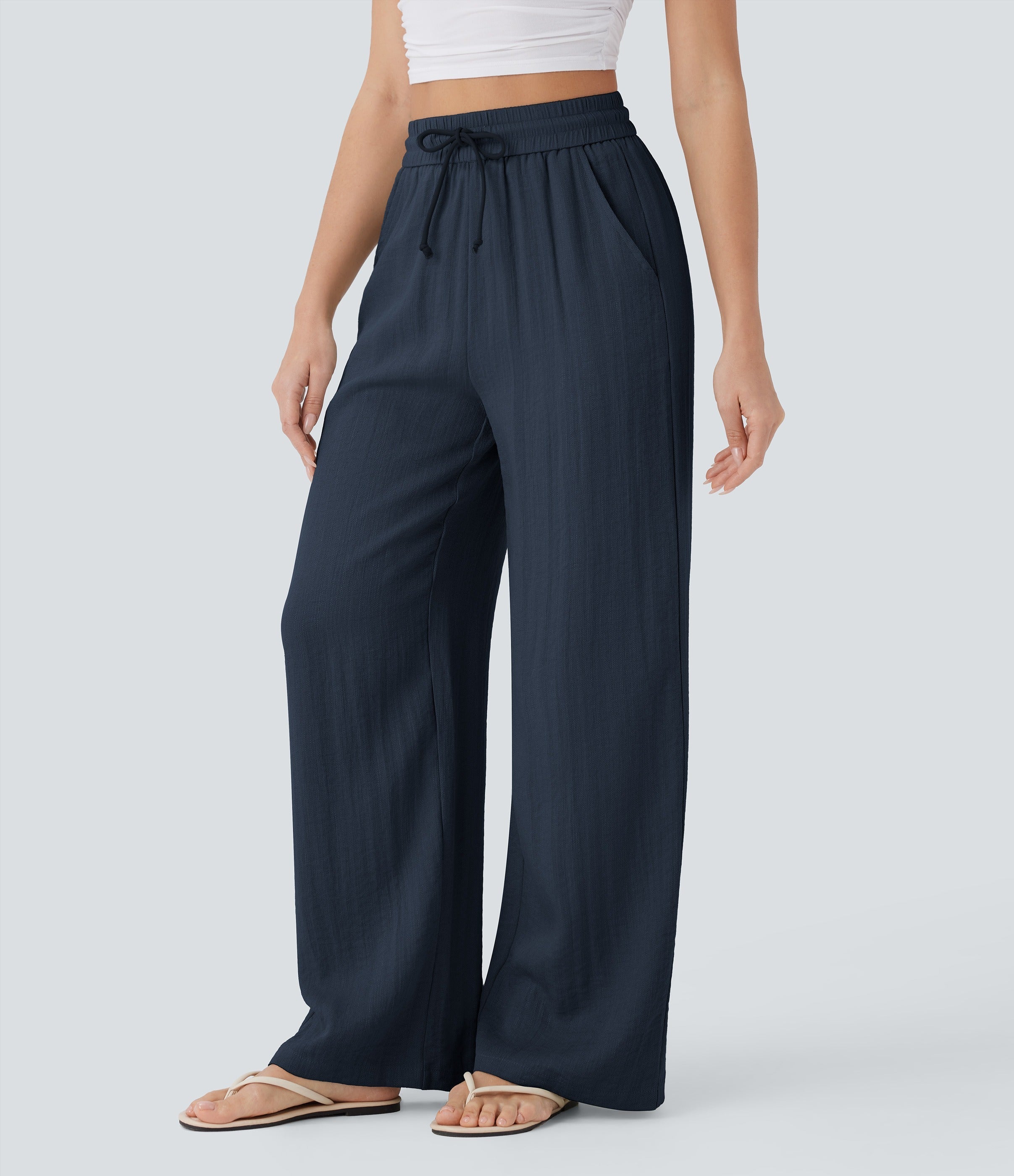 Women Summer High Waisted Drawstring Pocket Wide Leg Casual Linen-Feel Pants