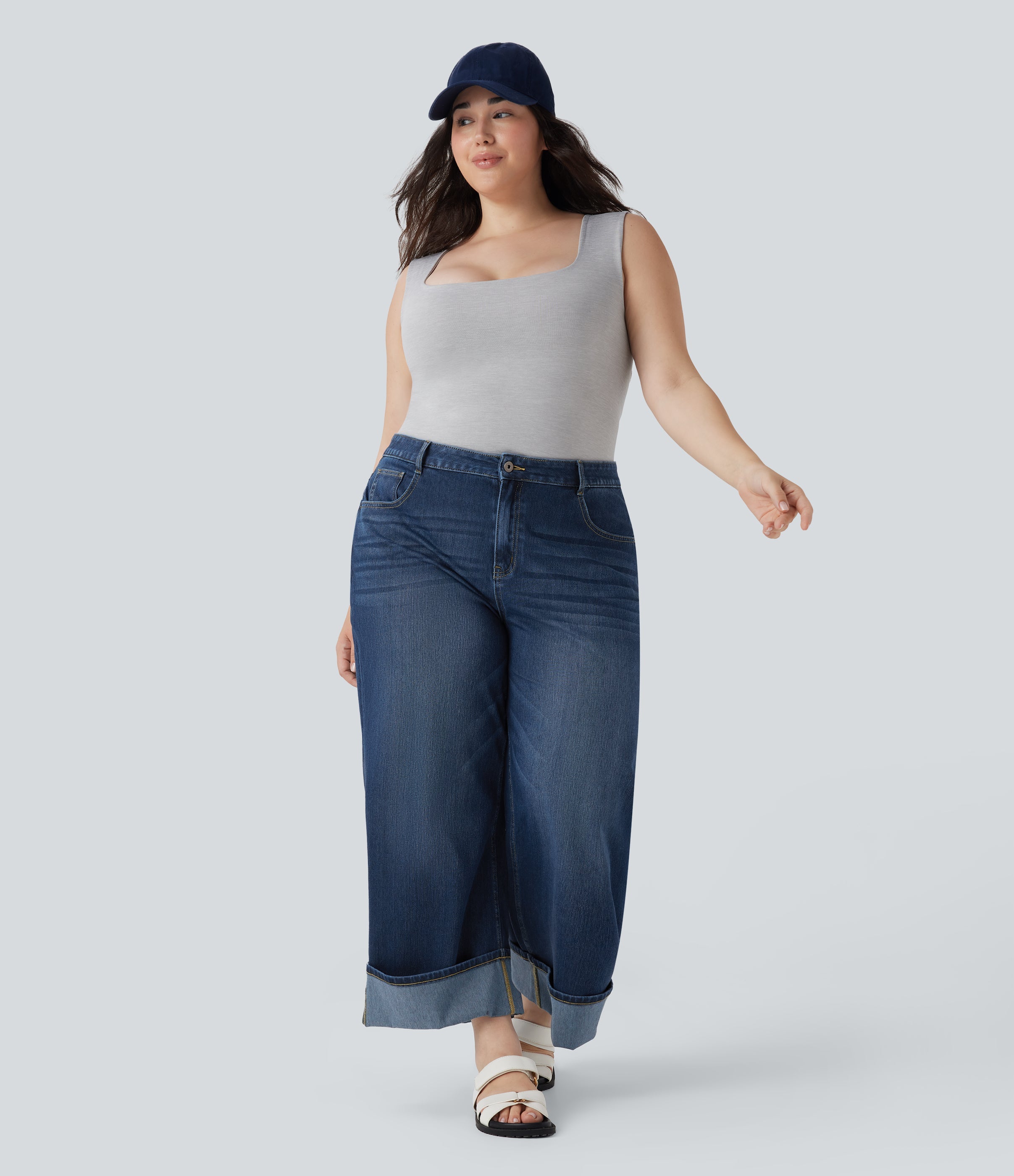 Plus Size FlexTM High Waisted Wide Leg Rolled Hem Washed Stretchy Knit Casual Jeans with Pockets