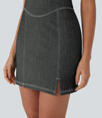 FlexTM Halter Bodycon 2-Piece Cool Touch Washed Denim Mini Tennis Active Dress with Pockets