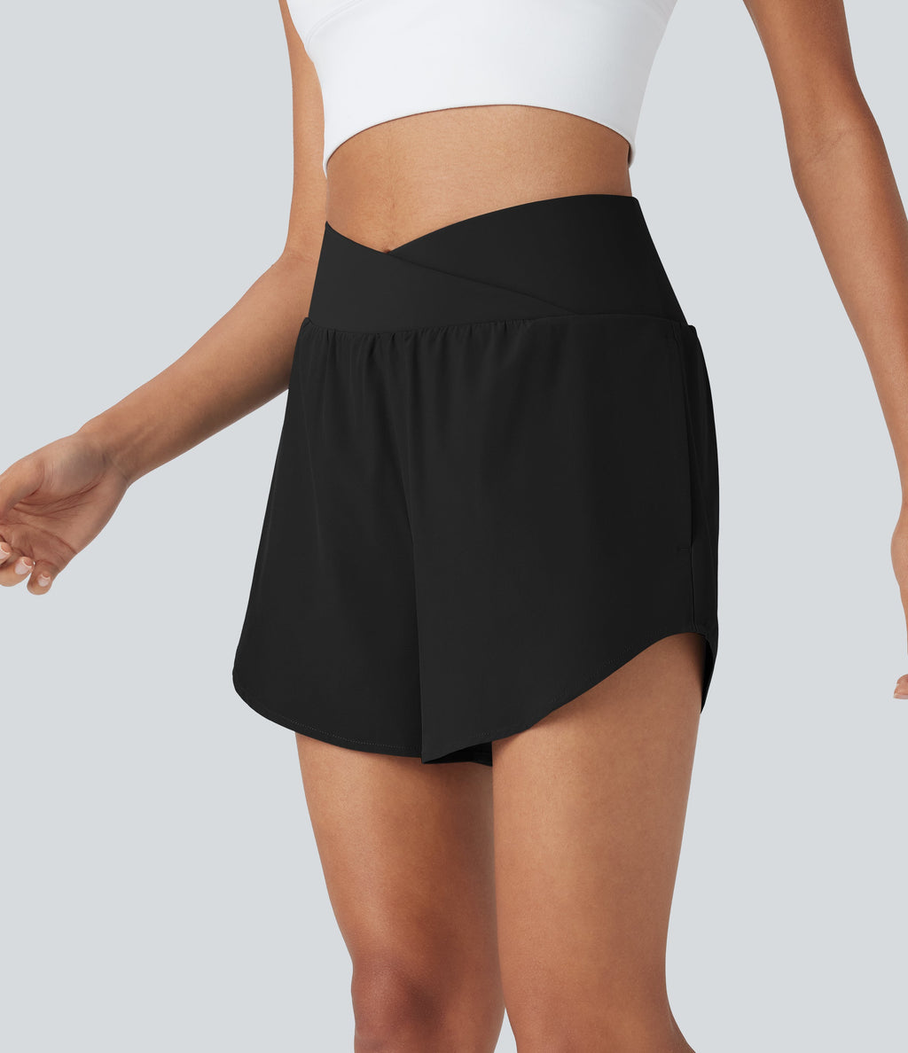 BreezefulTM High Waisted Crossover 2-in-1 Quick Dry Yoga Shorts with Pockets