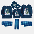Navy & Sky Blue Plaid Christmas Pajamas Set with Snowman & Christmas Tree Print