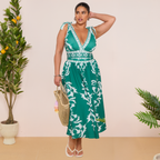 Green Flowy Floral Tie-shoulder Swimsuit&Skirt