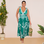 Green Flowy Floral Tie-shoulder Swimsuit&Skirt