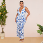 V Neck Lace Up Boho Breeze Blue Floral Swimsuit&Pants