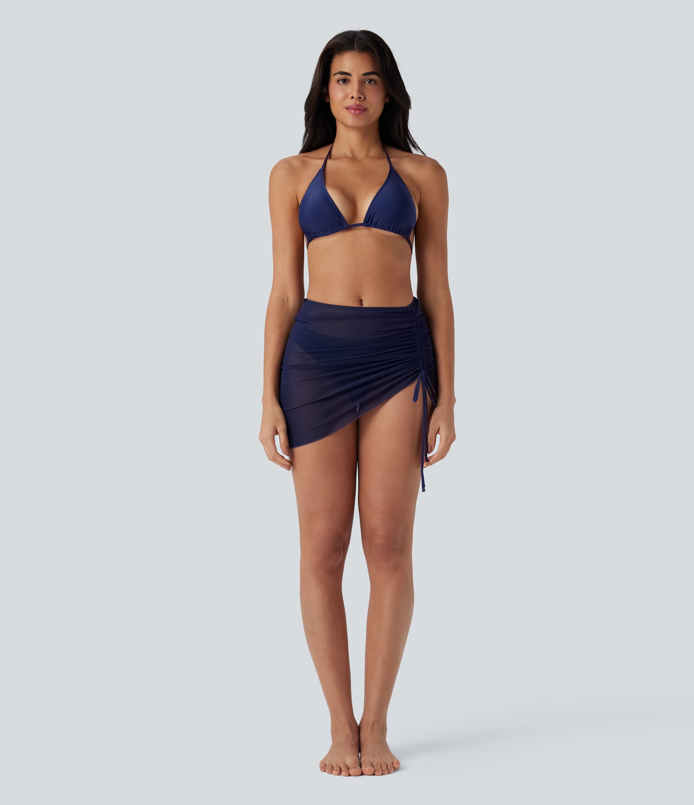 Sheer Mesh Halter Tie Back Drawstring 3-Piece Bikini Set