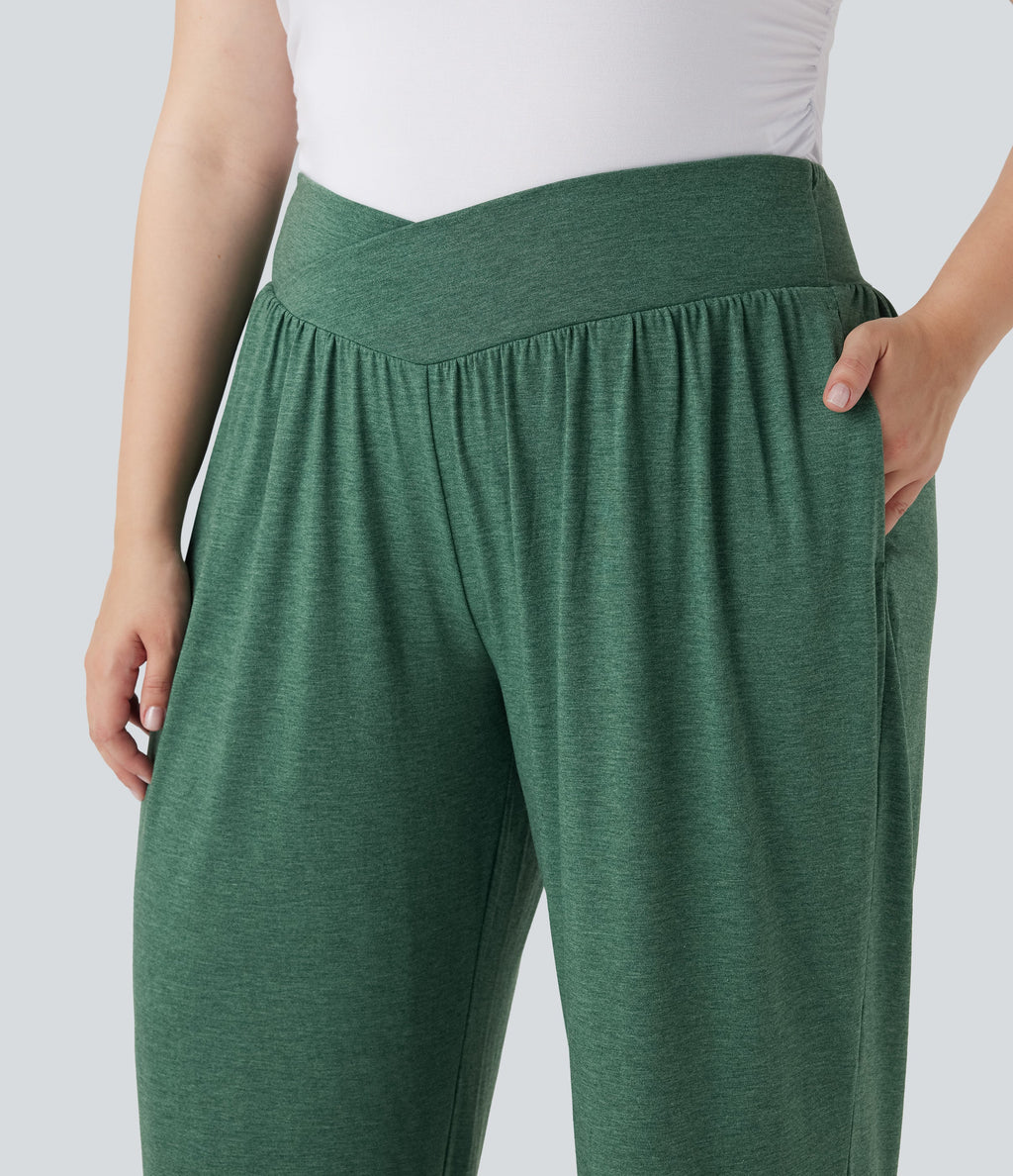 Plus Size Crossover High Waisted Drawstring Casual Joggers with Pockets