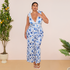 V Neck Lace Up Boho Breeze Blue Floral Swimsuit&Pants