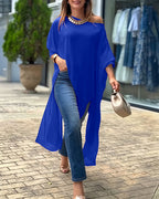 Women's Skew Neck Batwing Sleeve Tee Asymmetric Loose Cape Blouse Slit Elegant Top