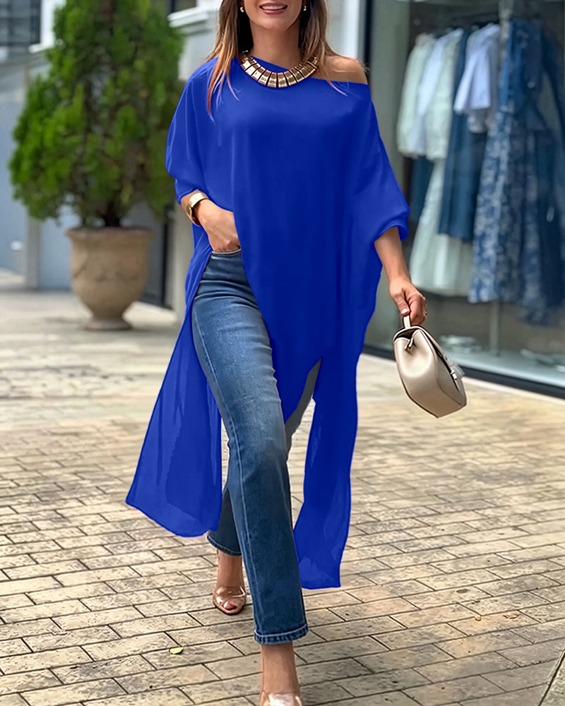 Women's Skew Neck Batwing Sleeve Tee Asymmetric Loose Cape Blouse Slit Elegant Top