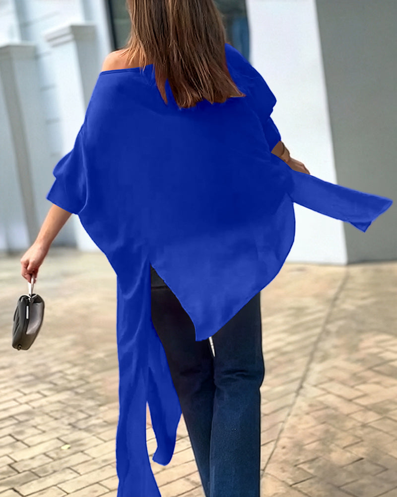Women's Skew Neck Batwing Sleeve Tee Asymmetric Loose Cape Blouse Slit Elegant Top