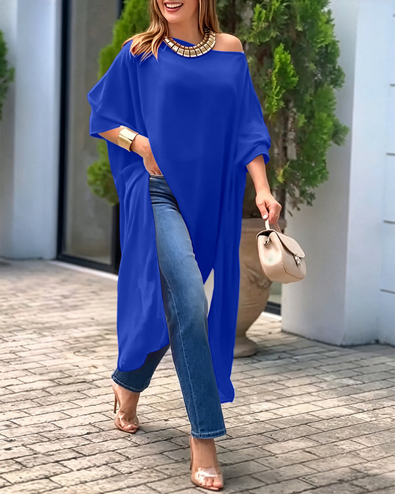 Women's Skew Neck Batwing Sleeve Tee Asymmetric Loose Cape Blouse Slit Elegant Top