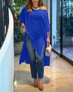 Women's Skew Neck Batwing Sleeve Tee Asymmetric Loose Cape Blouse Slit Elegant Top