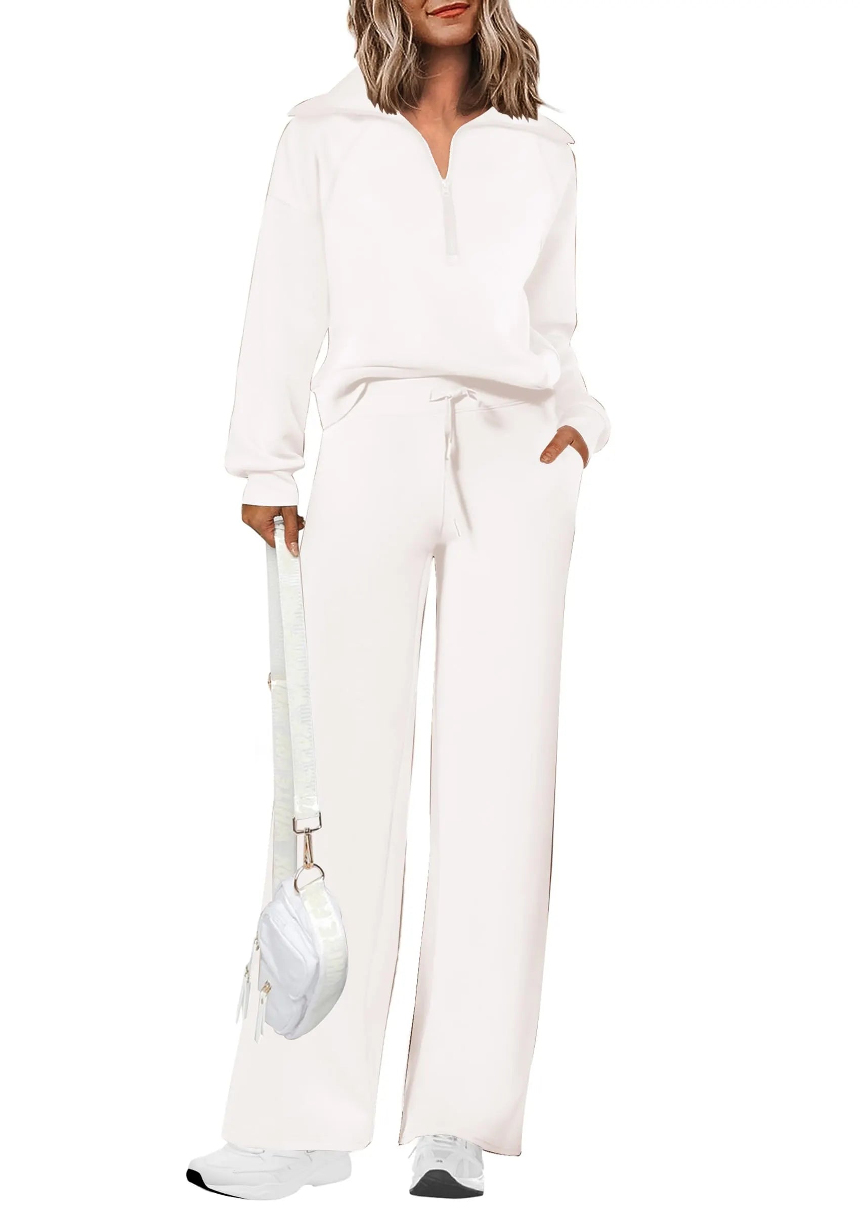 Women's Cotton Two-Piece Outfits Lapel Half-Zip Sweatshirt Wide Leg Sweatpants Casual Suit