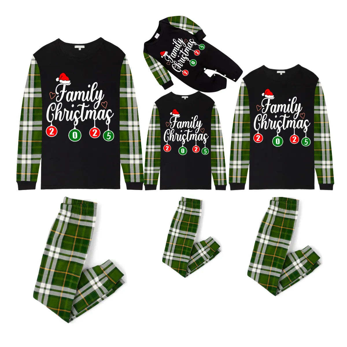 Family Christmas 2025 Pajamas Set - Black Top / Green Plaid Sleeves & Pants / Santa Hat Print