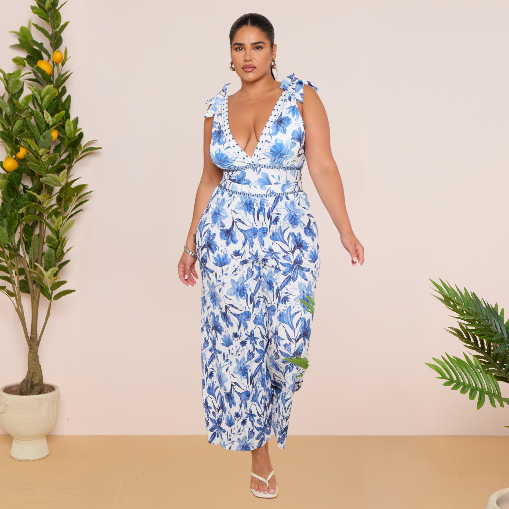 V Neck Lace Up Boho Breeze Blue Floral Swimsuit&Skirt&Pants