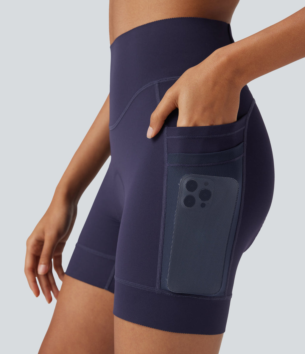 SpeedWaveTM High Waisted Contrast Mesh Quick Dry Cycling Chamois Padded Biker Shorts 5'' with Pockets