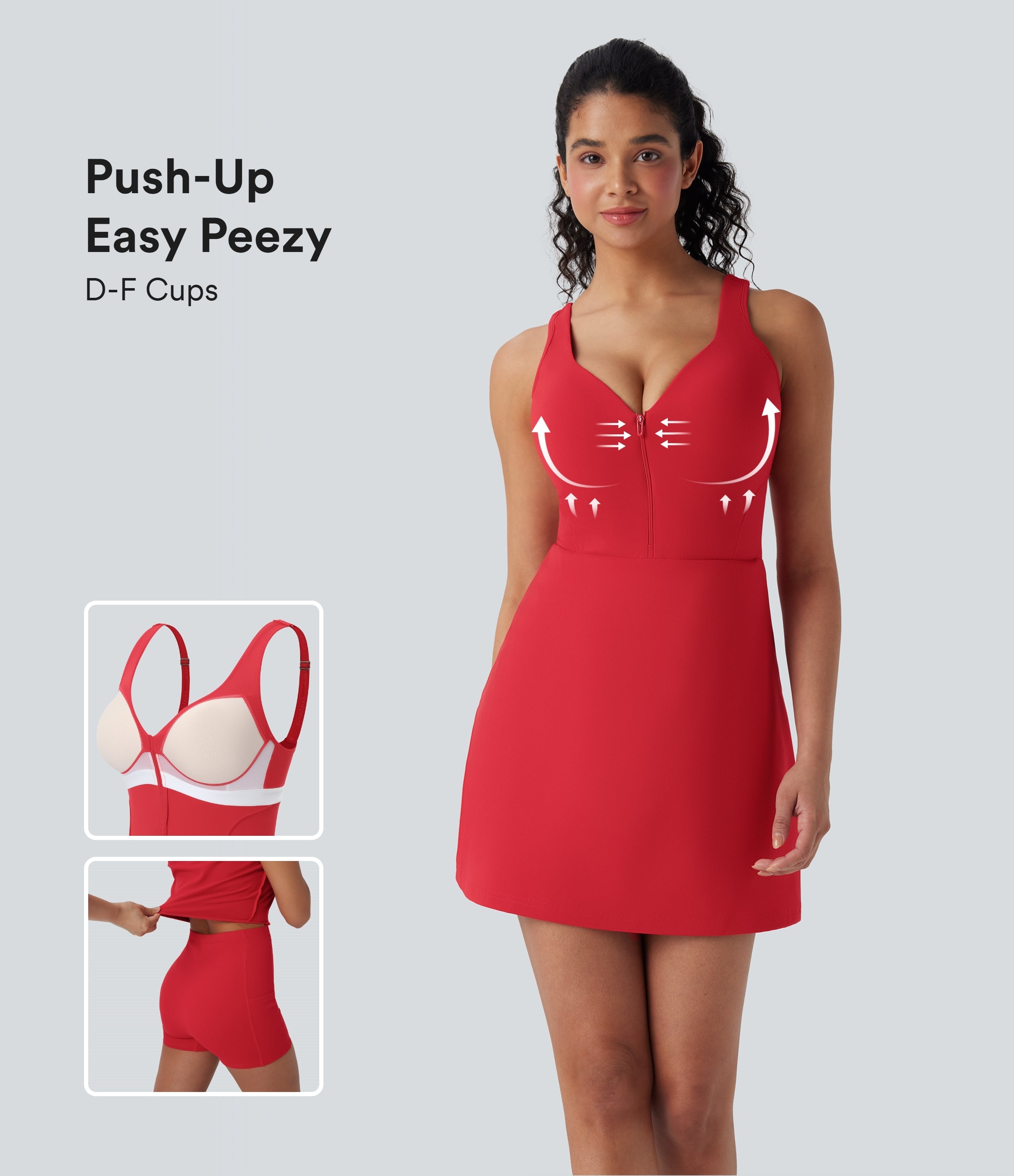 SoftlyZeroTM Plush Push-Up Molded Cups Zipper 2-in-1 Yoga Active Dress with Pockets-Easy Peezy-D/DD/DDD/F