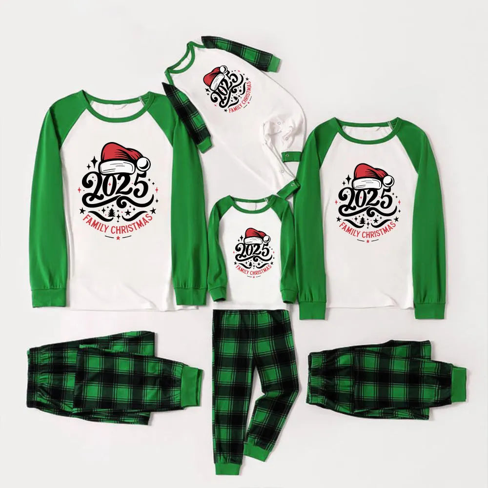 Green Raglan Top Green Plaid Christmas Pajamas Set With “2025 FAMILY CHRISTMAS” and Santa Hat Print